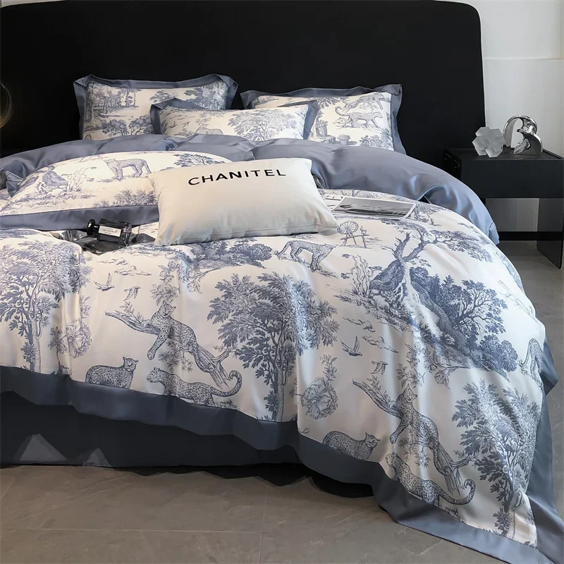 Soft Silky Skin Friendl natural Eucalyptus Fiber Lyocell Bedding Set Forest Plants Leopard Duvet Cover Set Bed Sheet Pillowcase