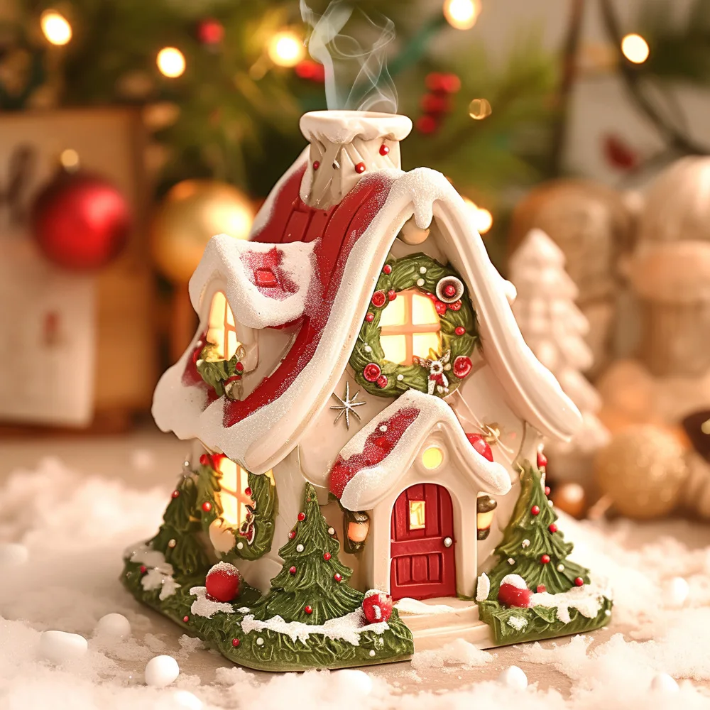 Incense Burner House Creative Christmas House Resin Incense Burner Christmas Chimney Cottage Incense Burner for Den Bedroom