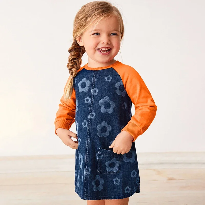 

2024 Baby Girls Denim Dress Long Sleeves Spring and Autumn Lovely Clothes with Flowers Pretty for Kids 2-8 Year