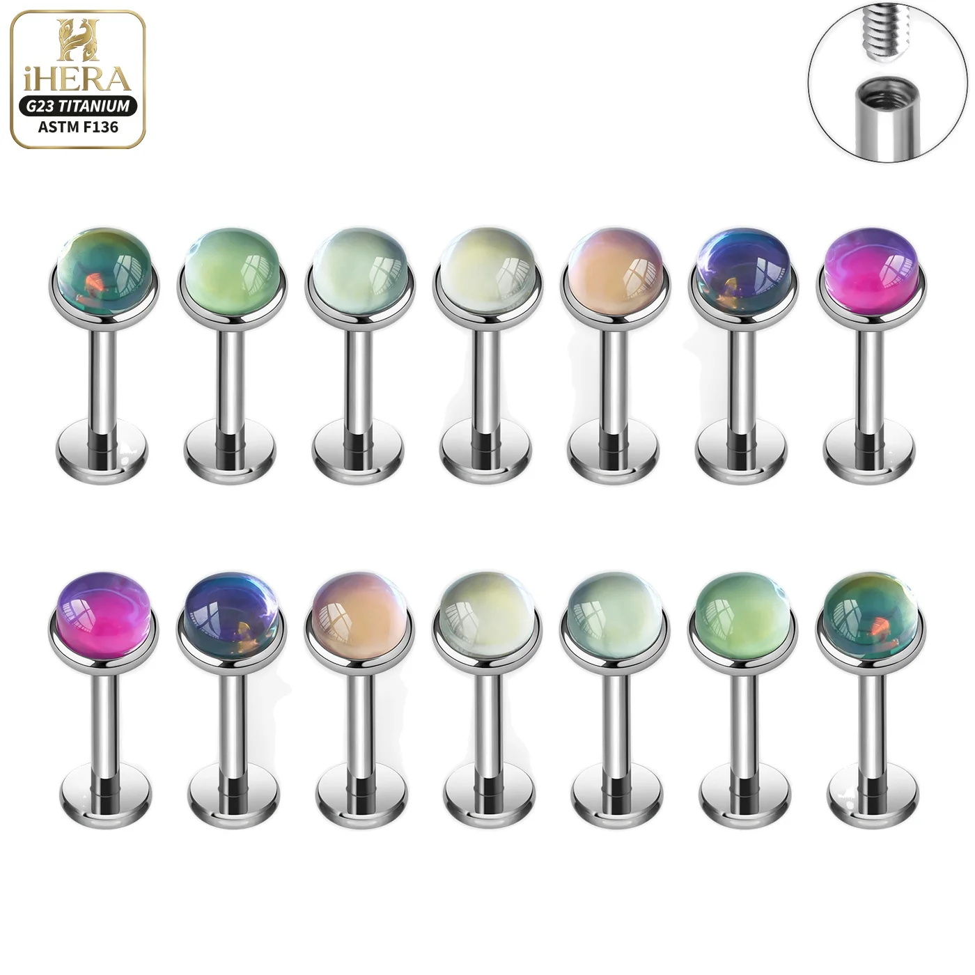 ASTM F136 Titan Runder Irisierter Cabochon Flachrücken-Ohrstecker für Knorpel, Helix, Tragus, Conch, Ohrläppchen, Lippe, Labret-Piercing-Schmuck
