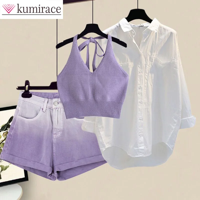 Camisa coreana com protetor solar e shorts jeans femininos, blusa fina, conjunto de 2 peças, vilões, conjuntos de saias, moda verão, novo, 2023