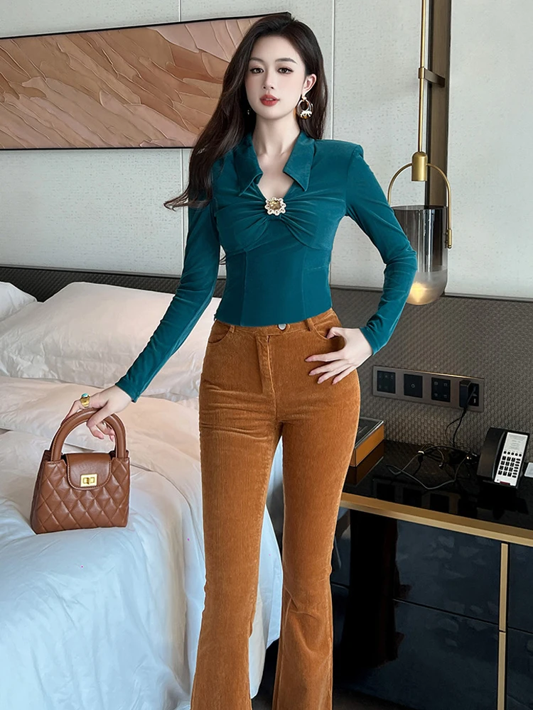 

Retro Elegant Bodycon T-shirt Women's Clothing Low Cut V-neck Folds Velvet Tops Blouse Long Sleeve Short T-shirt Female Spring