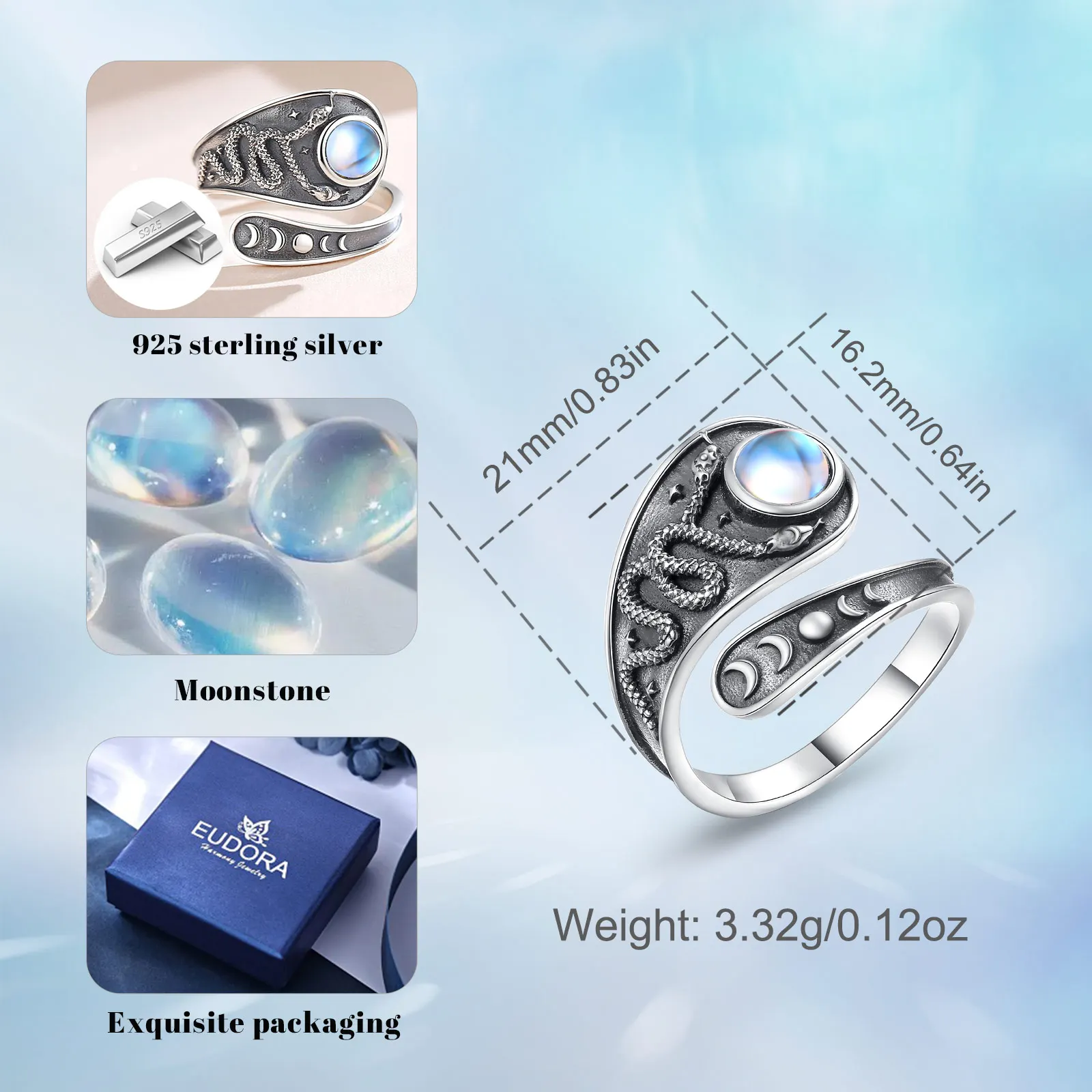 Eudora 925 Sterling Silver Triple Moon Goddess Snake Adjustable Ring Moonstone Lunar Phase Spoon Ring Witch Jewelry Women Men