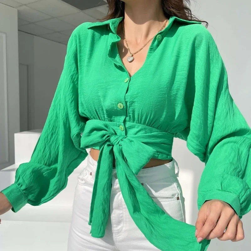 

White Button Up Cropped Cardigan Top Women Spring Summer Fashion Bow Lace-up Batwing Sleeve Loose Shirt Woman Sexy Short Blouse