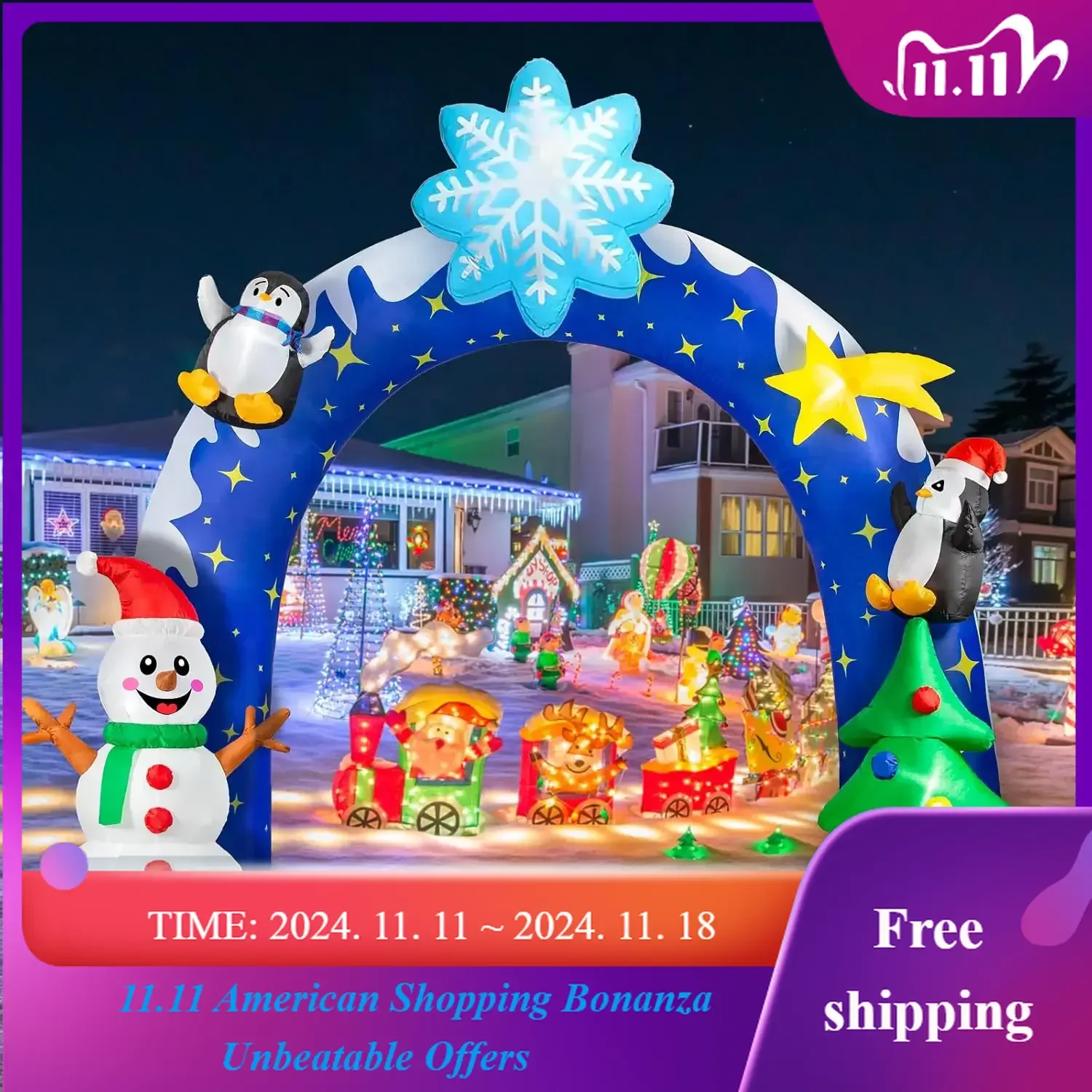 10 FT Long Merry Christmas Blow Up Inflatable Decorations, a Winter Archway with Snowman Penguin Christmas Tree