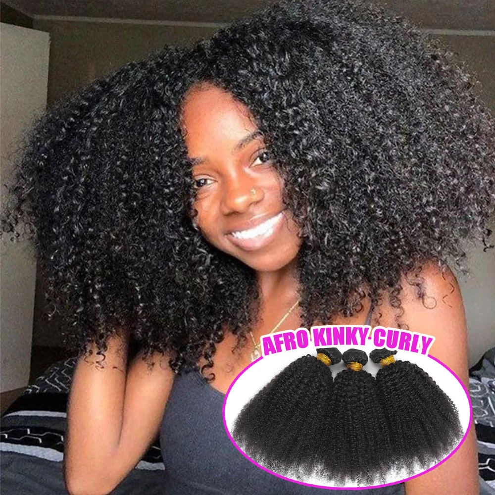 

4C Afro Kinky Coily Human Hair Bundles Curly Natural Black Color Unprocessed Virgin Weave Double Weft 100% Human Hair Extensions