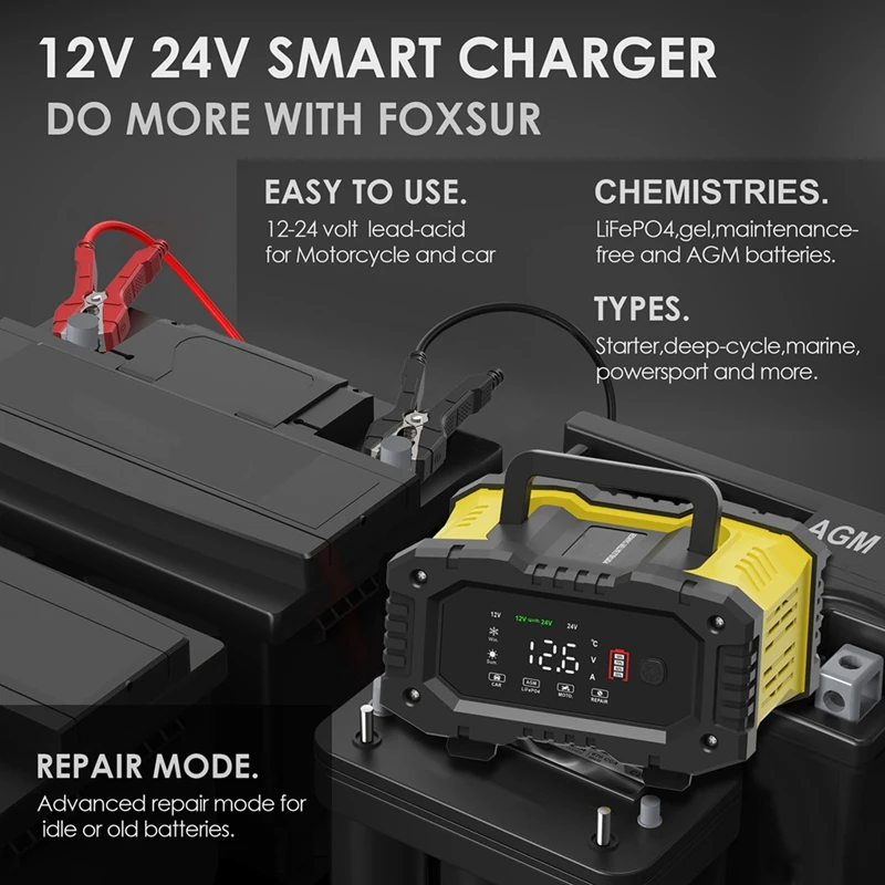 Fully Automatic Smart Charger 10A High Power Portable Car Motorcycle Battery Charger 12V24V For Battery Charging UK Plug