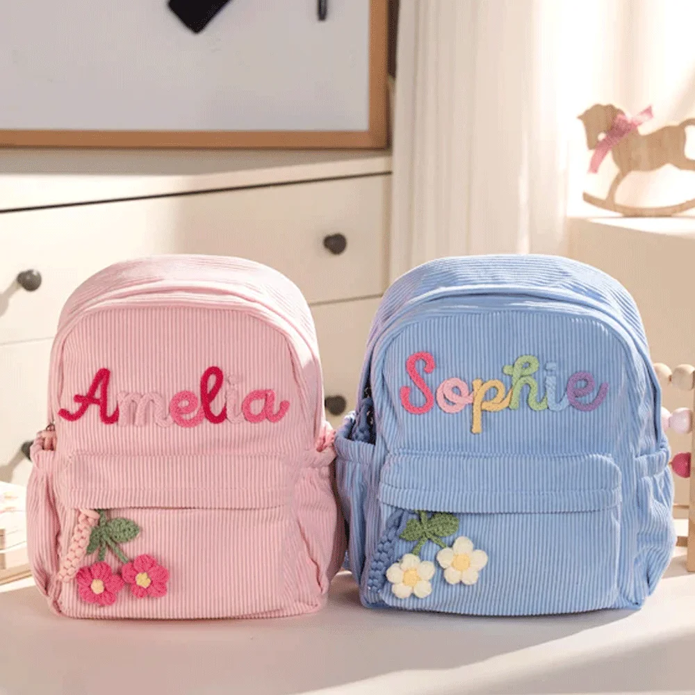 Personalized Small High-Quality Corduroy Backpack – Customizable School Bag with Name Print; Cute and Practical