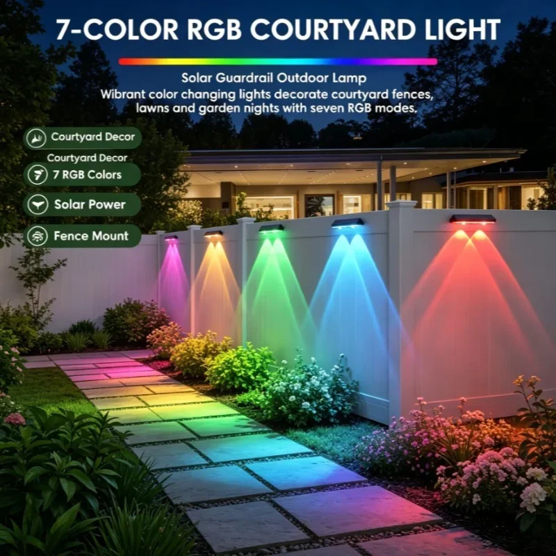 Solar RGB Guardrail LED Wall Lights, Color Changing Outdoor Decorative Lamps for Garden Fence Balcony Steps Yard Patio Lighting