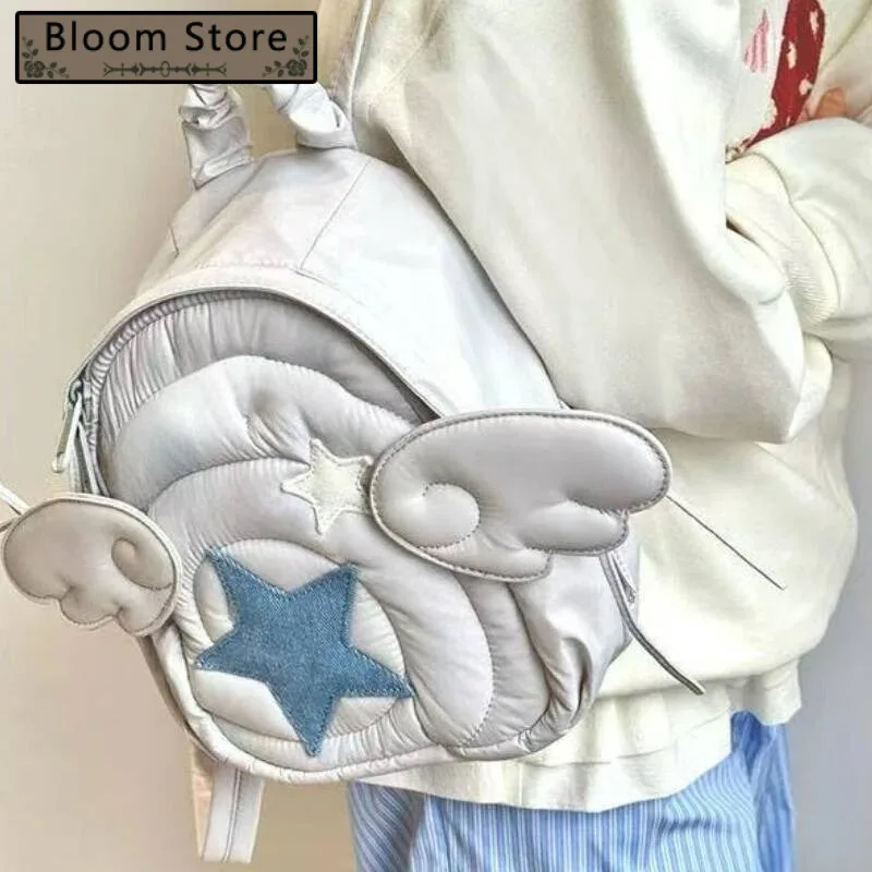 

Streetwear Casual Travel Bags For Women Star Wings Design Ins Schoolbags Y2k Aesthetic Vintage Quilted Padded Backpacks
