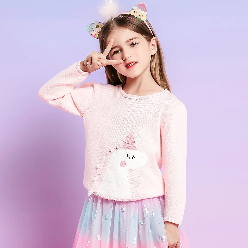 VIKITA Kids Licorne Sweaters Girls Pink O Neck Autumn Spring Winter Knitted Sweater Kids Casual Outwear Coat Children Clothing