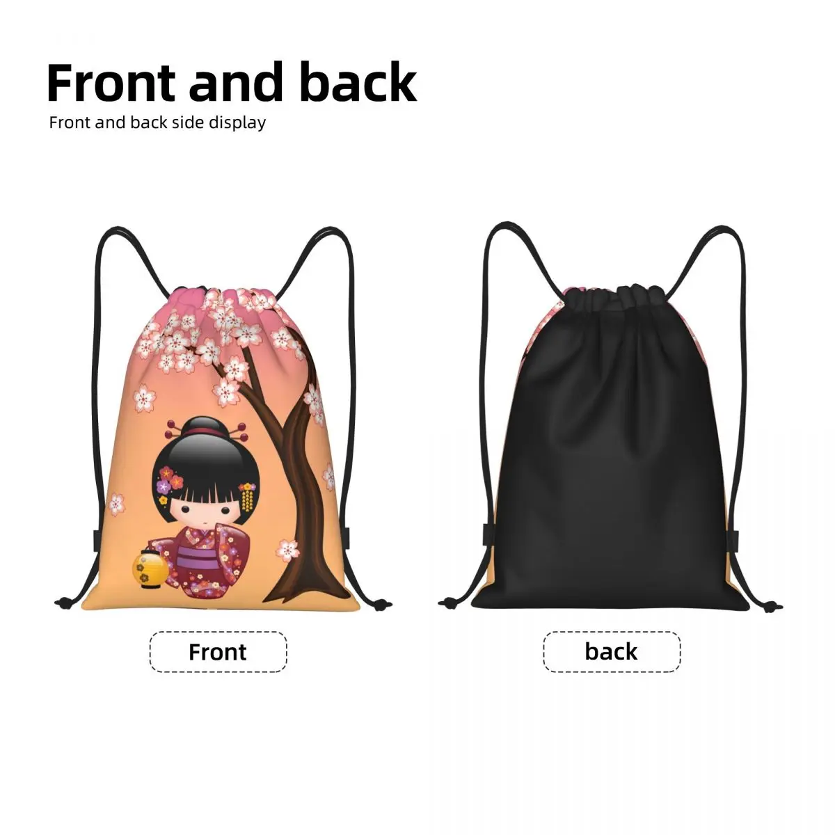 Kawaii Kokeshi Doll Cherry Blossoms Drawstring Bags for Training Yoga Backpacks Japanese Geisha Girl Art Sports Gym Sackpack