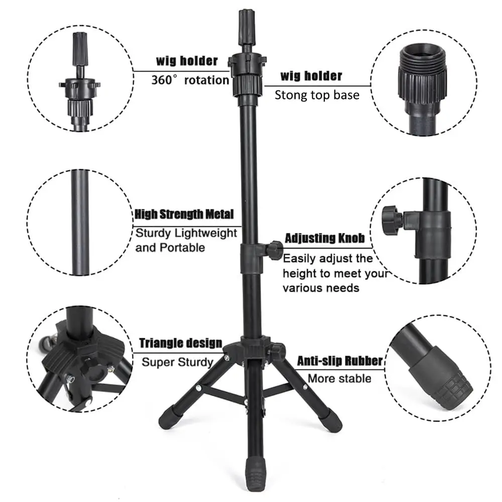 Mini Adjustable Wig Stand Tripod Metal Holder for Mannequin Head Canvas Foam Head Hairdresser Practice Cosmetology Braiding