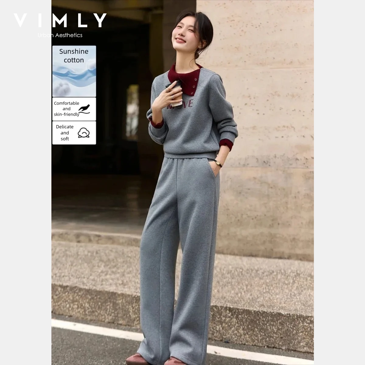 VIMLY Gray Sweatshirt Pants Two-piece Set Women 2026 Casual Loose-fit Round Neck Sweatshirts Wide-leg Baggy Pants Outfit A3161