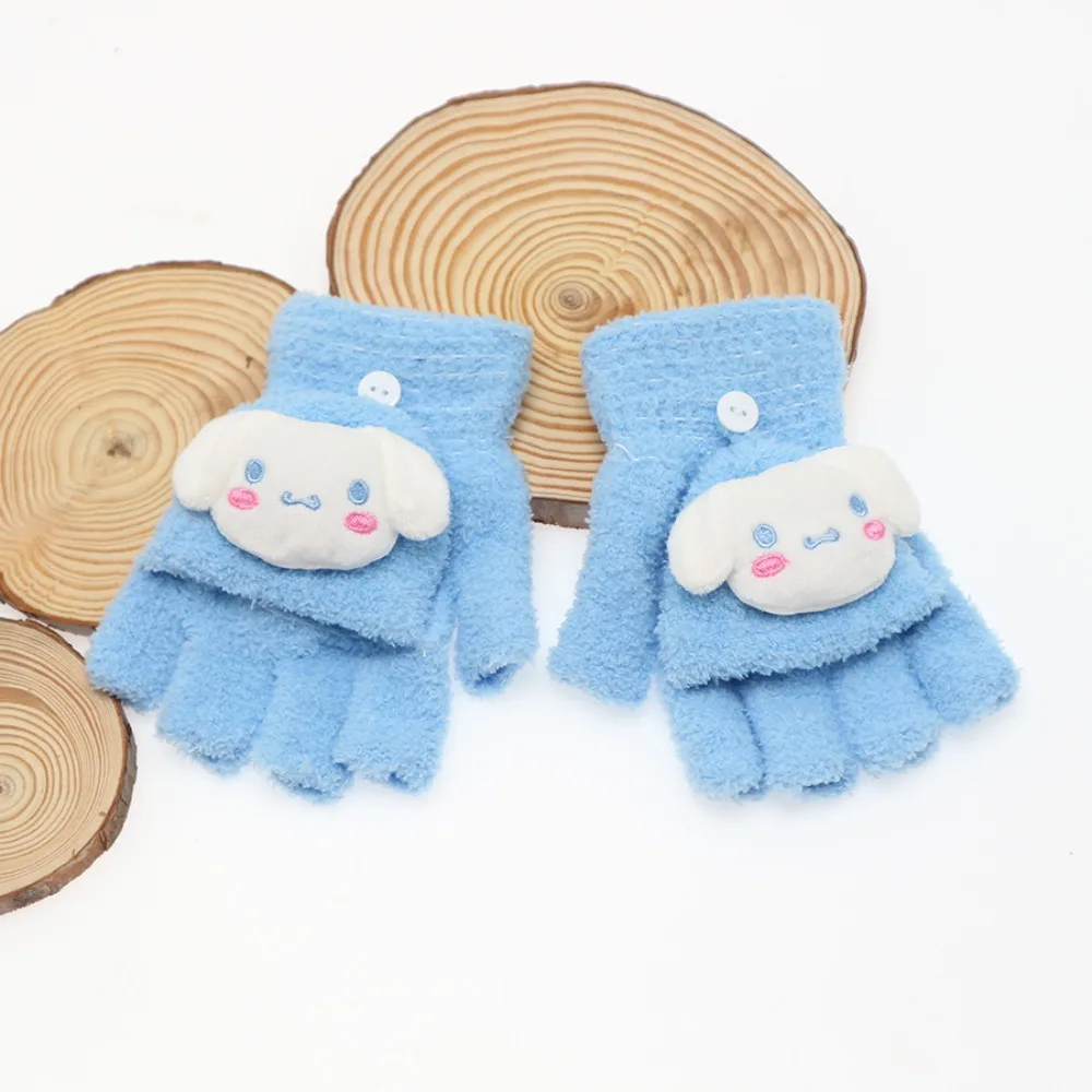 Sanrio Helo Kitty Winter Gloves Cute Kuromi Cinnamoroll Warm Half Finger Gloves Open Flap Knitted Thick Women Mitt Screen Touch