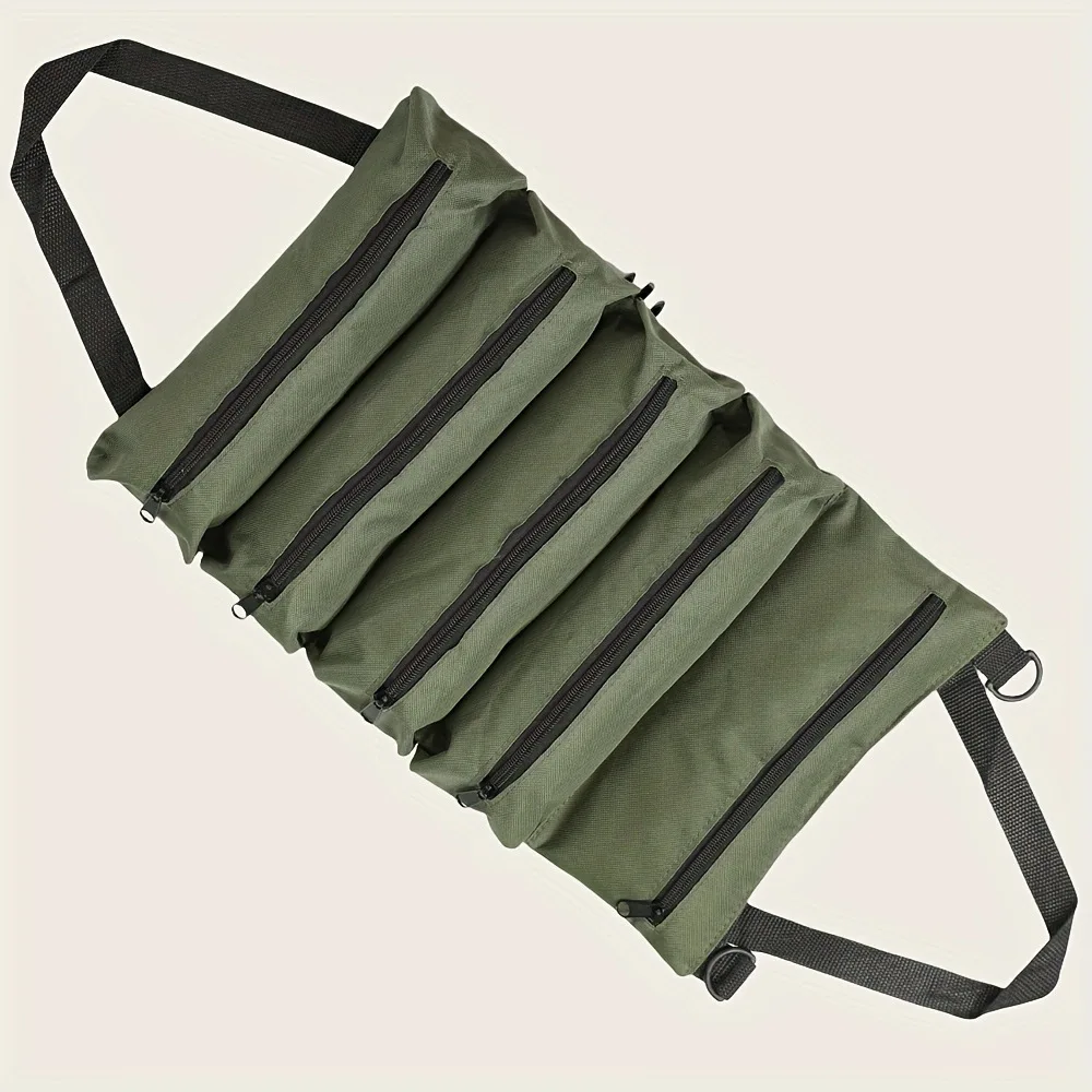 Roll Up Canvas Tool Bag, Multi Pocket Portable Hardware Storage Pouch with Detachable Zipper Pouch for Electrician Tools