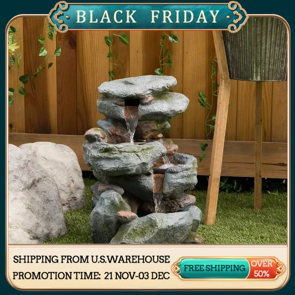 3-layer rock waterfall fountain with LED lights and natural stone appearance, 15 inches long x 13 inches wide x 22 inches high