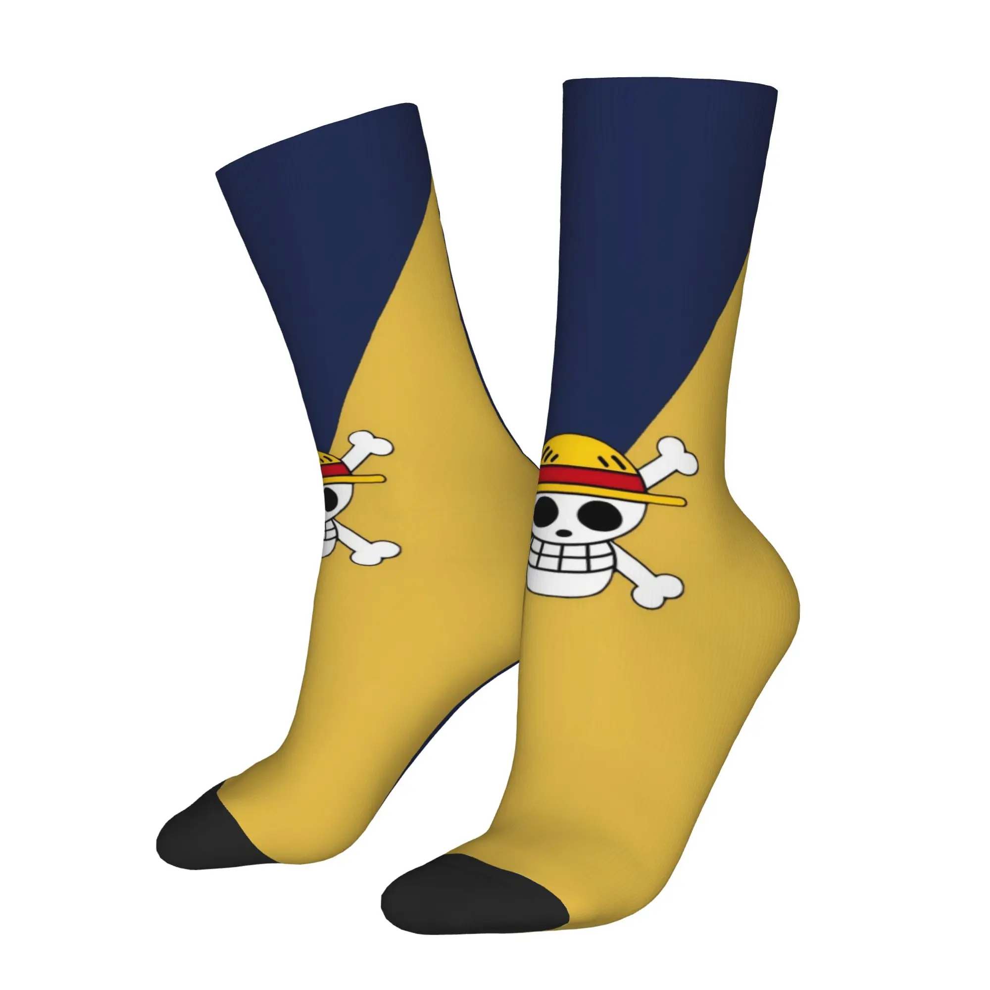 Funny Sock One Piece Blue Yellow Contrast Straw Hat Pirates Symbol Hip Hop Seamless Pattern Men Socks Novelty Men's Socks