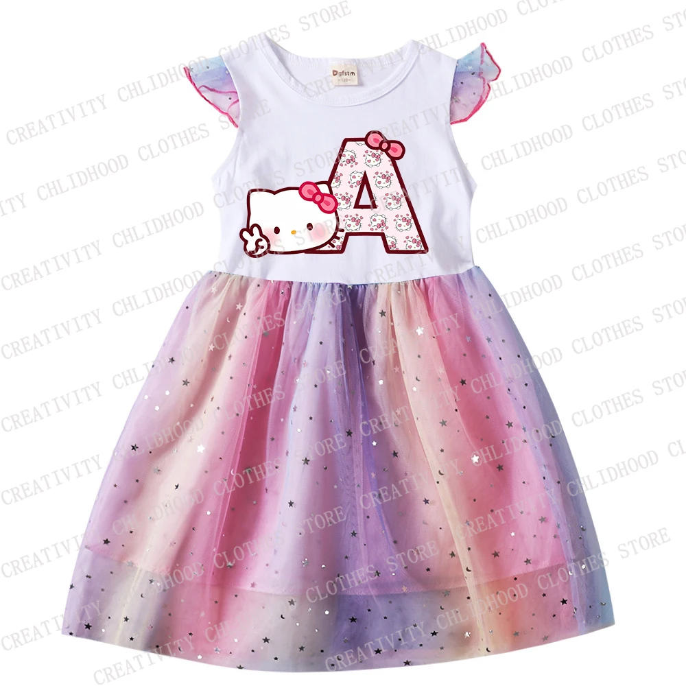 New Girl Dress HelloKittys Letter A-Z Children Dresses Princess Cartoons Print Casual Clothes Girls Gauze Flying Sleeve Kid Baby