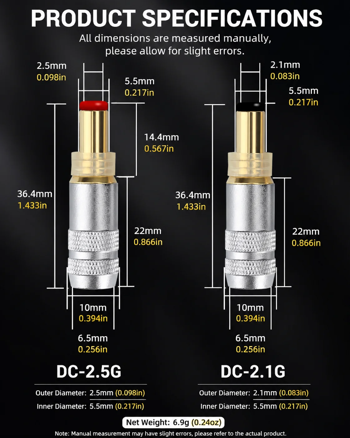 Copper-Gold-Plated DC-2.1G/2.5G DC Power Plug Socket Welded Connector for Linear Power Output 1 Piece