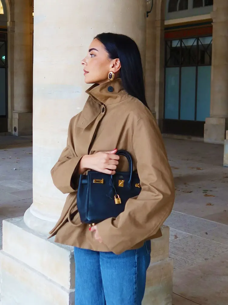 HH Women's 2025 Autumn Simple Short Parker Coats Long-sleeved Lapel Strap Solid Color Adjustable Waist Stylish Casual Jacket