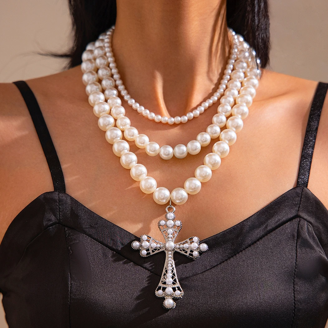 

Lacteo 3Pcs/Set Gothic Big Cross Jesus Pendant Neck Necklace for Women Chunky Thick Imitation Pearl Chain Halloween Jewelry Gift