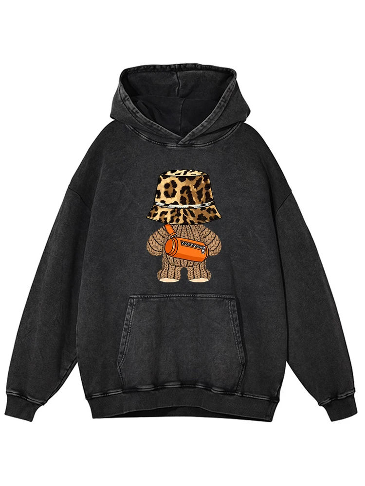 Hip Hop Tide Little Bear Print Gewassen Distressed Vrouwen Hoodie Mode Oversize Vintage Hoody Herfst Warm Katoen Basic Kleding