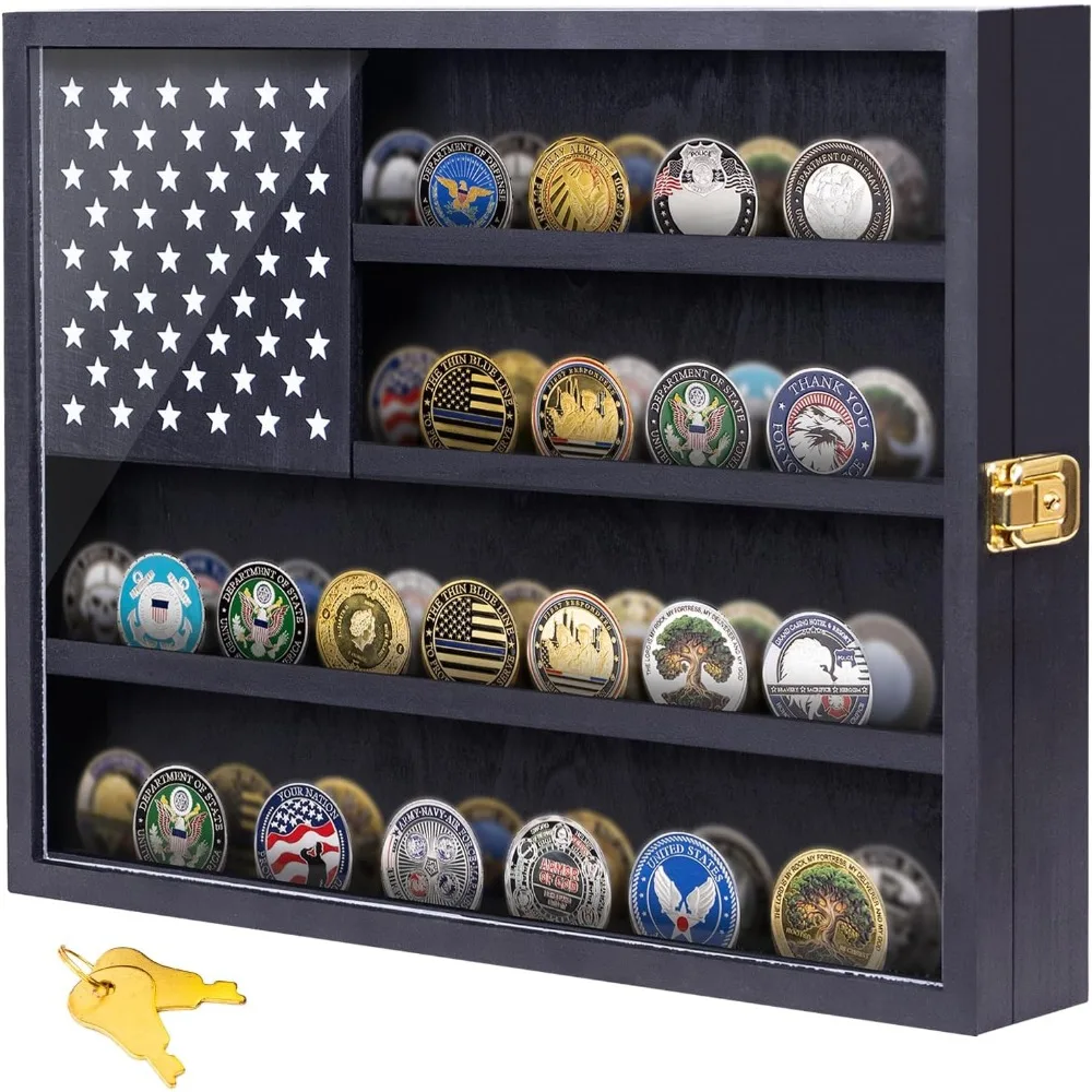 

Витрина для монет в стиле милитари, деревянная коробка для теней с американским флагом 16 x 12 дюймов и акриловой дверью с защитой от выцветания, золотой атет