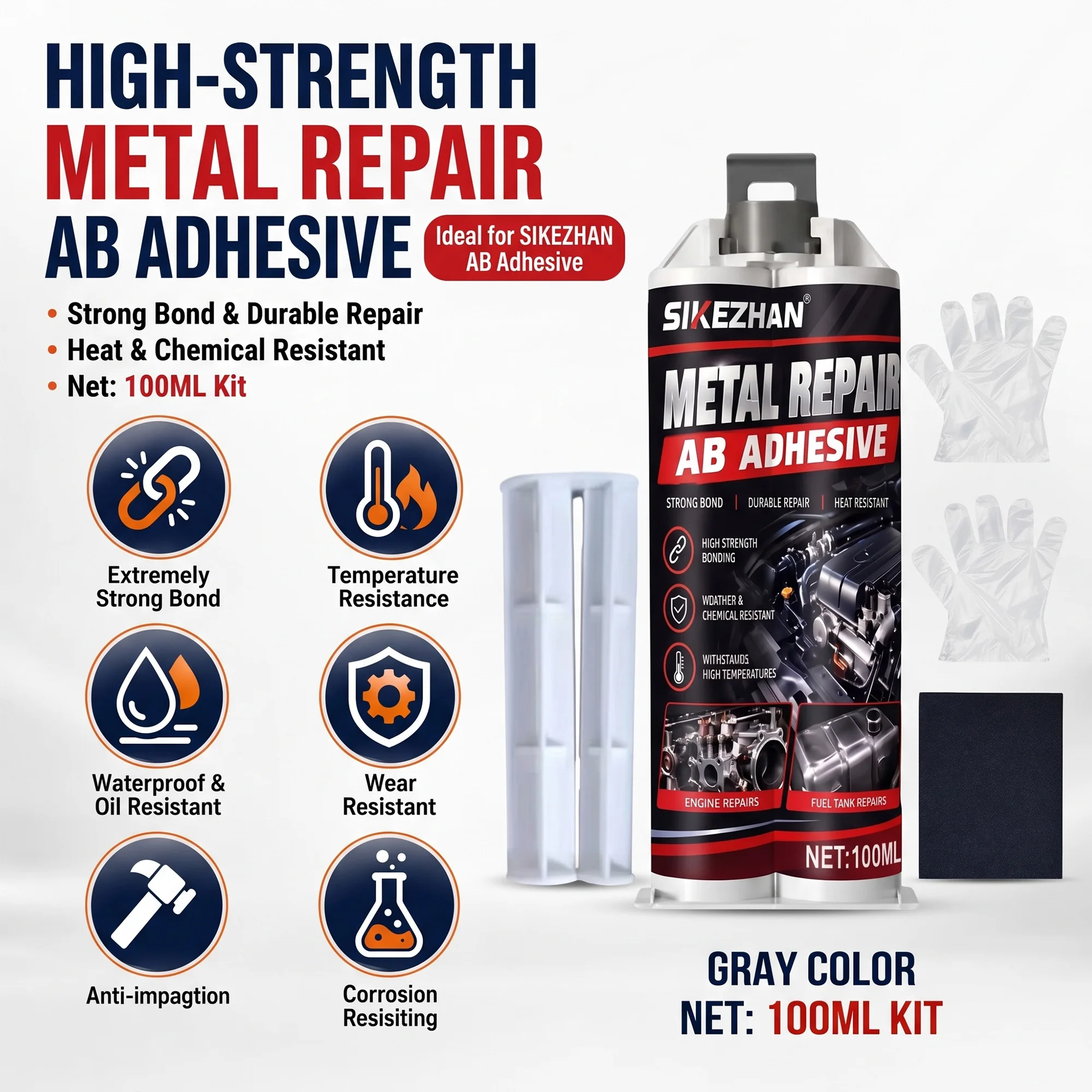 SIKEZHAN 100ml Heavy Duty Metal Repair AB Adhesive High Strength Heat Resistant Epoxy Glue for Engine Pipe Tank Crack Welding