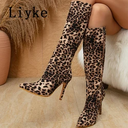 Liyke Designer Pointed Toe Leopard Print Knee High Boots Women Fashion Zip Autumn Winter Stiletto Heels Motorcycle Shoes Size 42