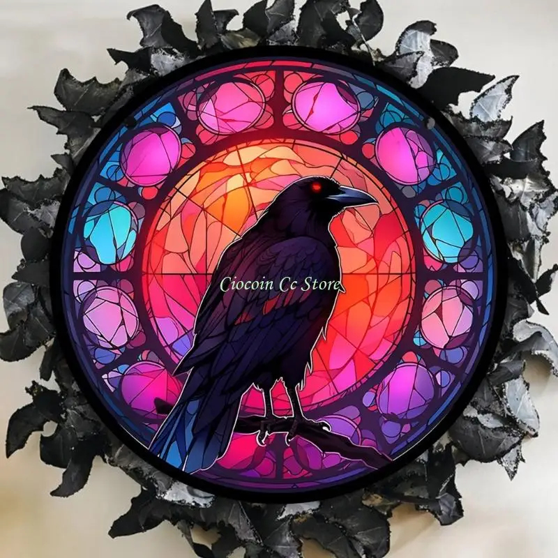 X90F Ravens Stained Glass Suncatchers Wall Hanging Ornament Glass Panel Wall Art Decors Halloween Wall Hangings for Yard Wall