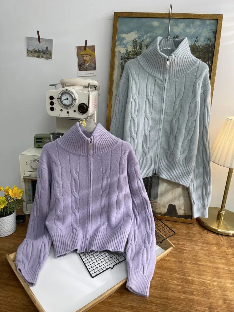 

Осенне-зимний женский вязаный свитер с высоким воротником, свободный крой, кардиган на молнии, пальто, чистый цвет, ленивая пряжа для поездок на работу, Fas...