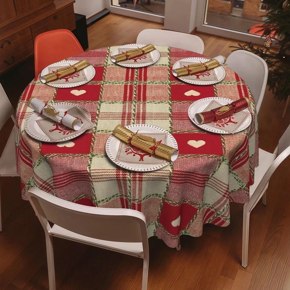 JIT, 1pc Red and Green Checkered Heart Pattern Printed Kitchen/Dining Round Tablecloth, YZB