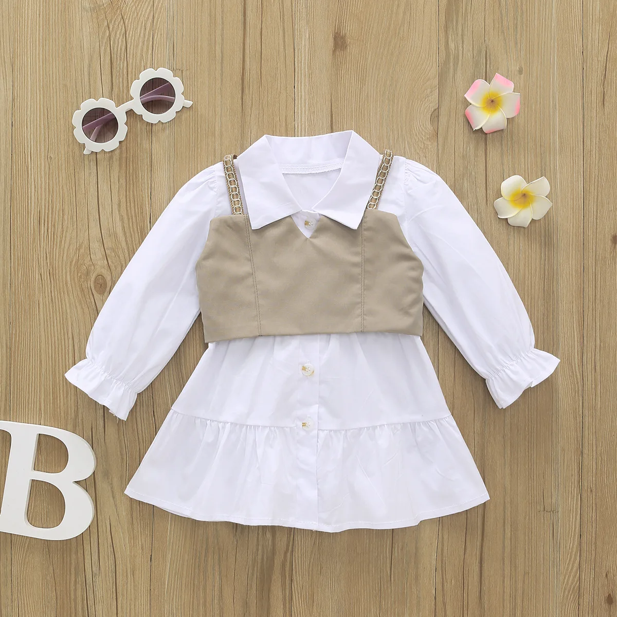 

1-6Y Girl shirt dress + grey vest baby girl suit 80cm 90cm 100cm 110cm 120cm