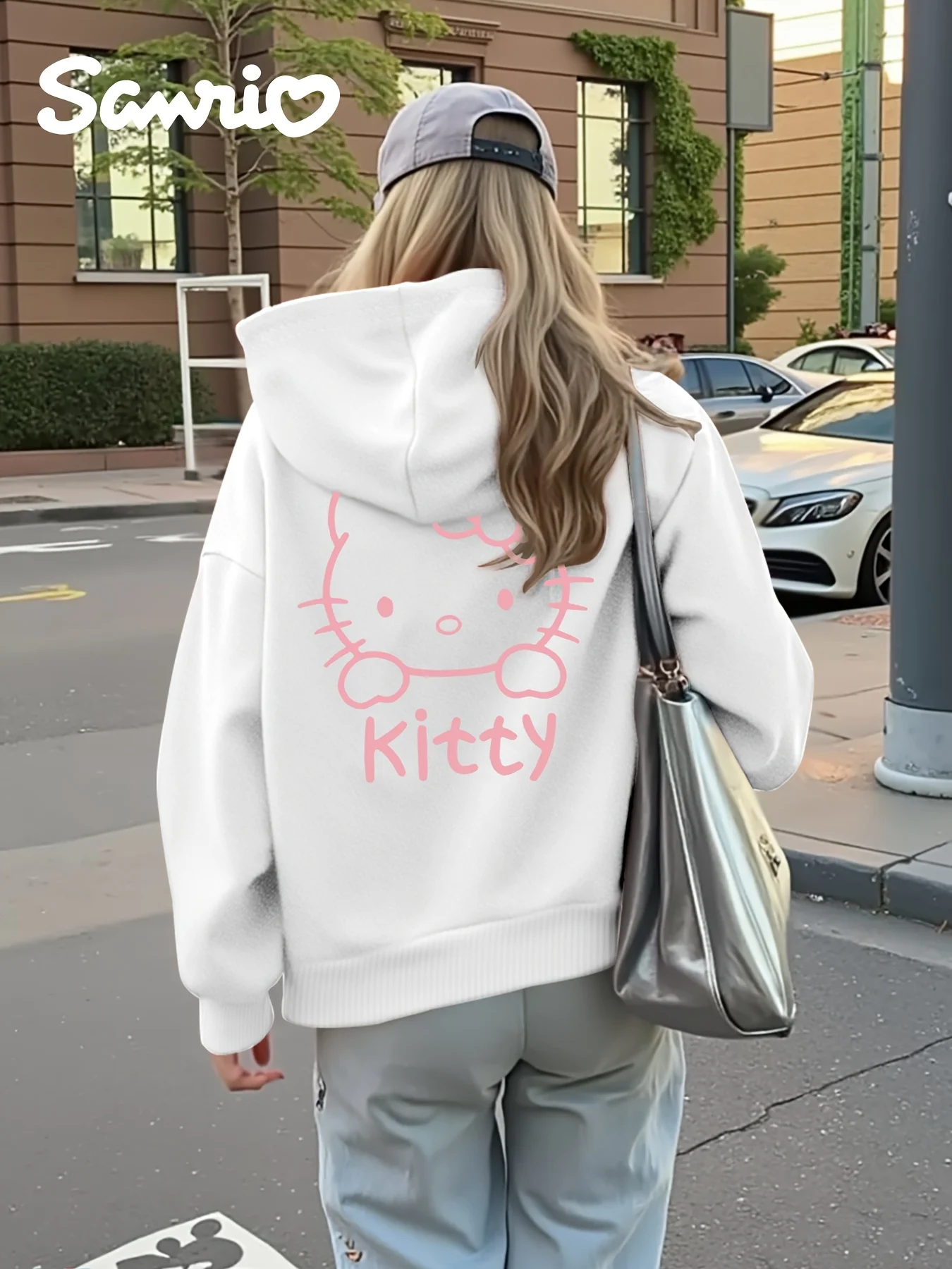 Sanrio Hello Kitty Kuromi related Musterdruck weicher Reißverschluss mit Kapuze lässiges lockeres Sweatshirt Goth Streetwear Damen Hoodies