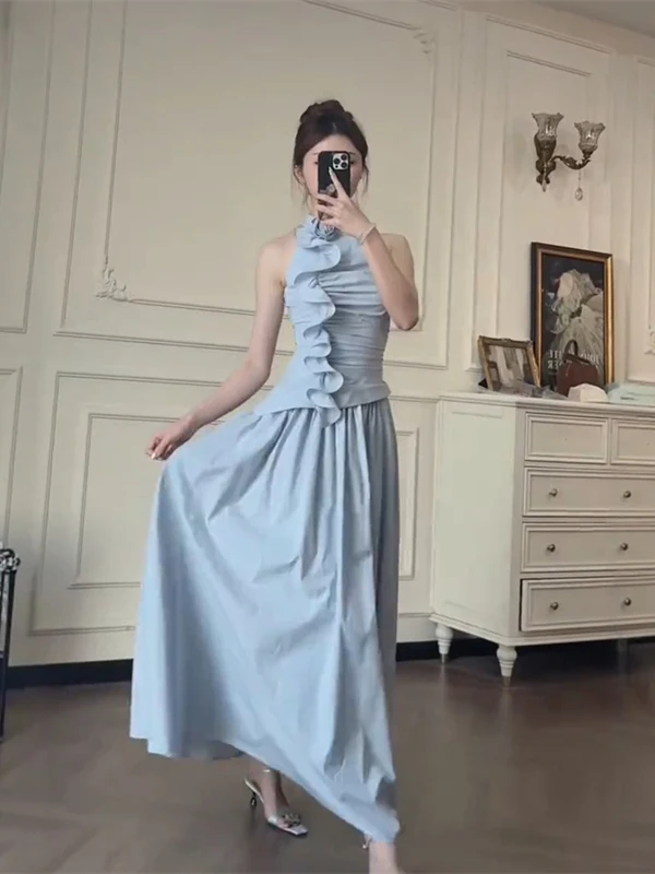 

Summer New Style Women's High Waist Half Length Skirt Set Pure Desire Lace Trim Pleated Sleeveless Shoulder Bared Dress