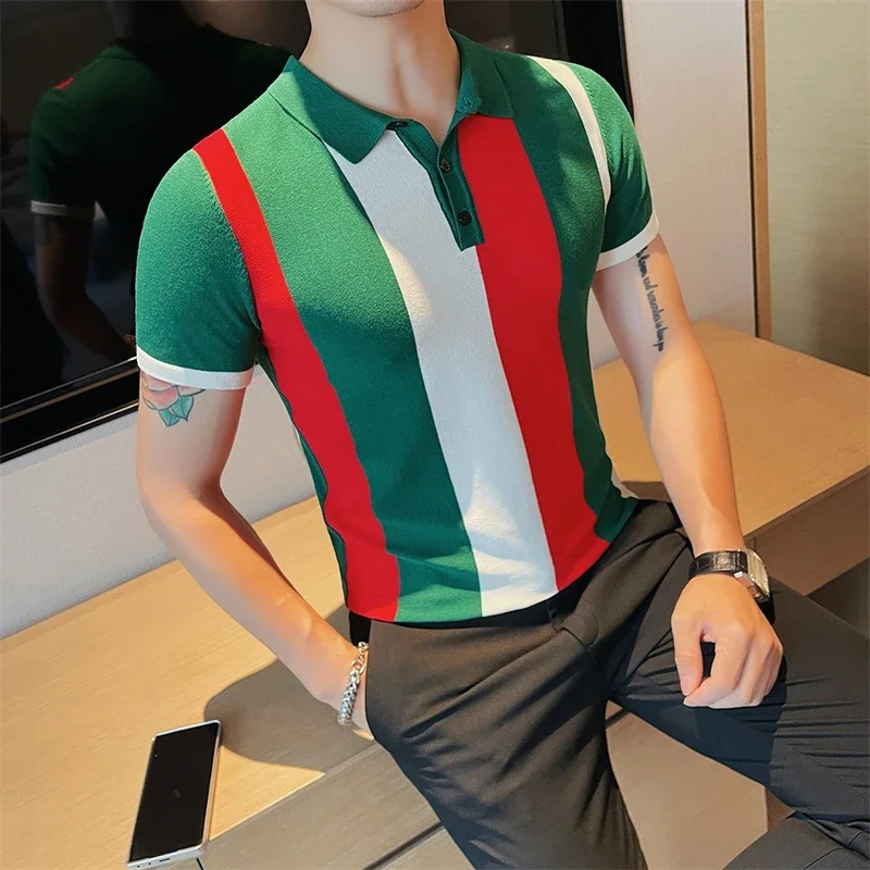

British Style Short Sleeve T-shirts Men Summer Stripe Knitted Polo Shirt Slim Fit Casual Business Lapel Tee Tops Men Clothing