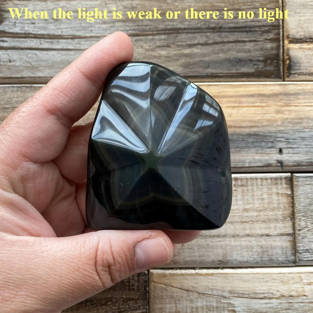 Natural Rainbow Obsidian Five-Pointed Star Carving, Deep Purple to Black Gradient, Showcases Rainbow Halo under Strong LIght