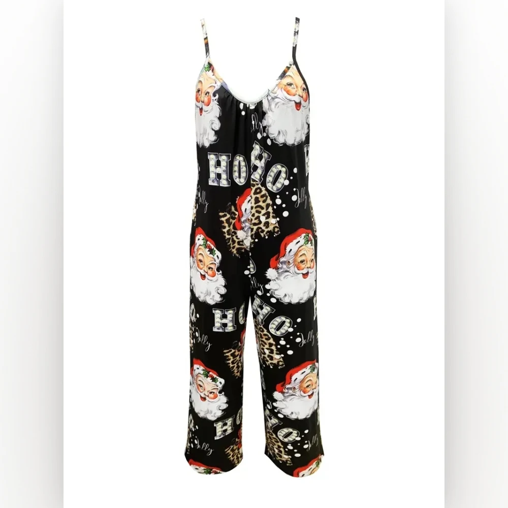 Christmas themed print sexy V-neck halter print romper with pocket slacks for ladies