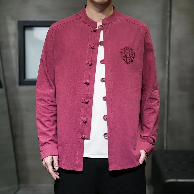 2025 Spring New Men Chinese Style Cotton Linen Shirt Men Solid Color Loose Shirts Traditional Kung Fu Tai Chi Hanfu Shirt