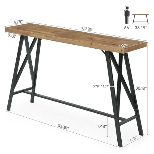 

Rectangular Solid Wood Industrial Bar Table With Metal X-Leg Base And Footrest, 63 Inch Counter Height Pub Bistro Unit