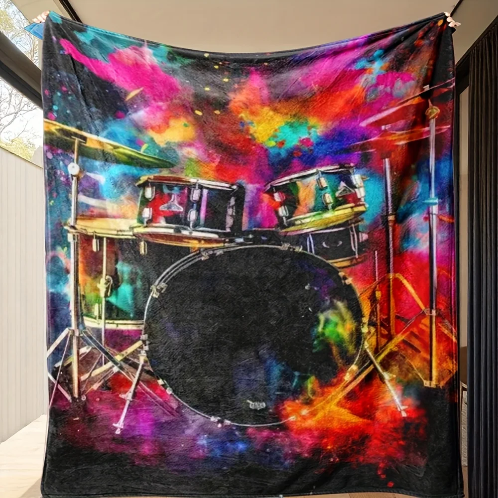 

Music-Themed Rock Drum Set Blanket - Vibrant Drum Kit Design with Cymbals & Drums, Soft Flannel All-Season Bedspread for Musicia