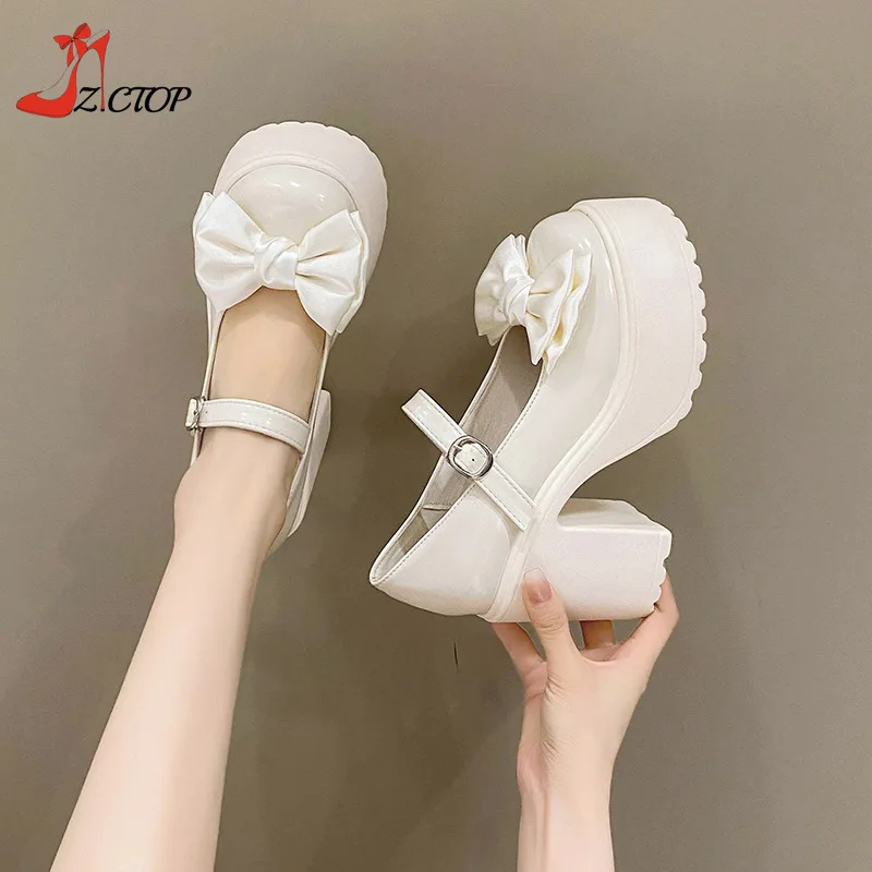 

White Platform High Heels Women Mary Jane Chunky Heel Shoes Bows Elegant Woman Heeled Pumps Round Toe Shoes Women's Wedding Shoe