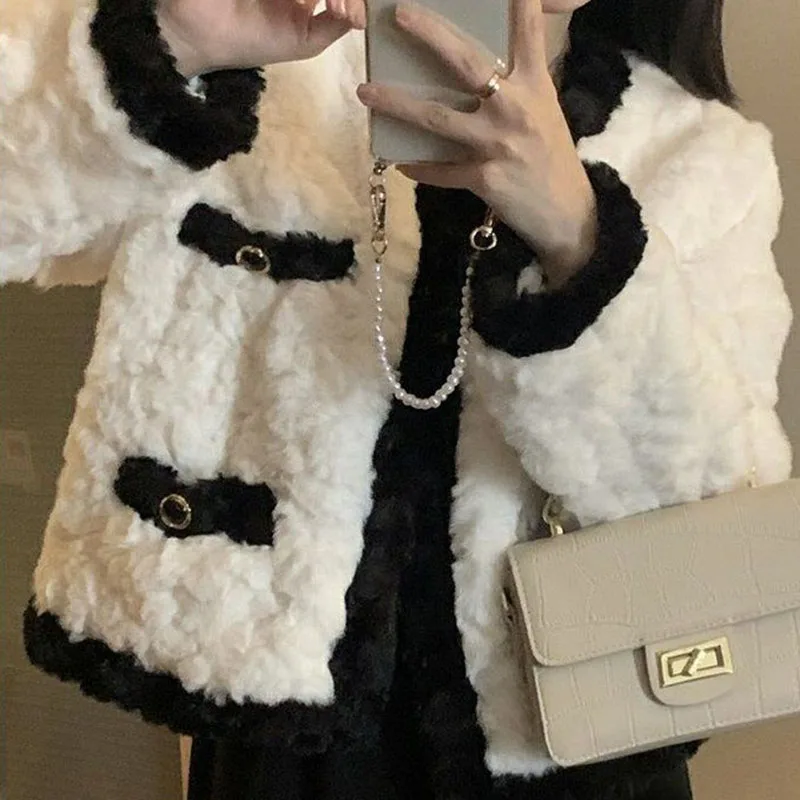 Lamb Fur Black Coat Women Elegant Long Sleeve Fashion Padded Thickened Warm Jacket Chic Office Lady Furry White Female Outwear