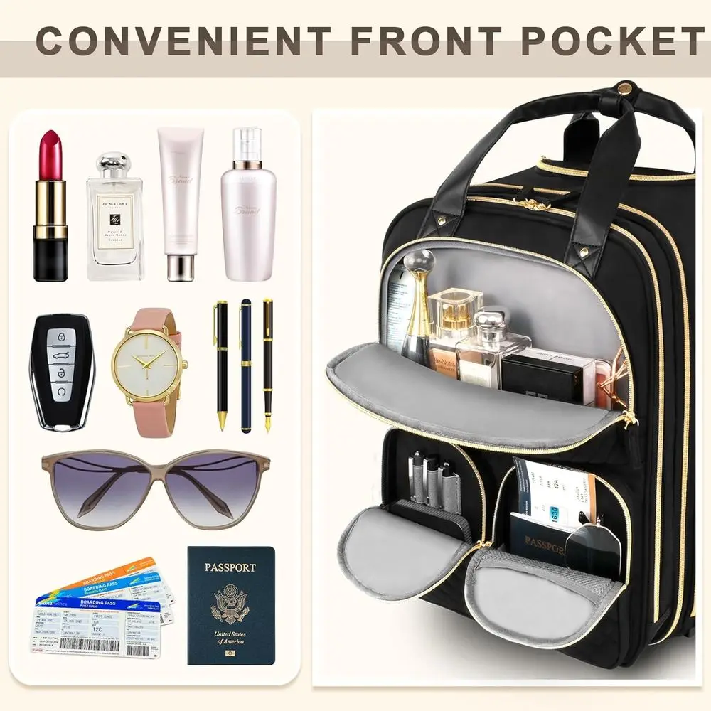 حقيبة حمل بمقعد سفلي مع جيوب متعددة، معتمدة من طيران، مقبض جلدي، حقيبة خفيفة الوزن للنساء، باللون الأسود والأسود