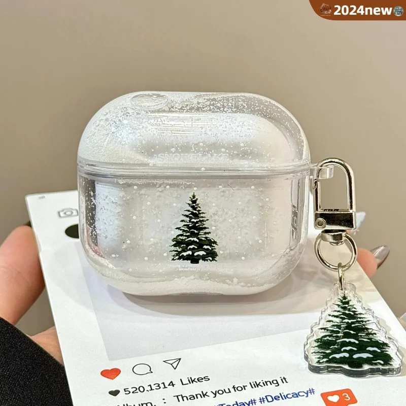 Flowing Snowflakes Earphone Cover Airpods 1 2 3 4 Pro Wireless Bluetooth Headset  Protective Case With Christmas Tree Key Chain