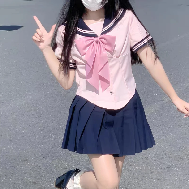 Filme de meninas Anime Cosplay Uniforme Escolar Saia, Verão Cintura Uniforme Marinheiro Jk, Rosa Bow Tie Top, Saia Plissada, Novo