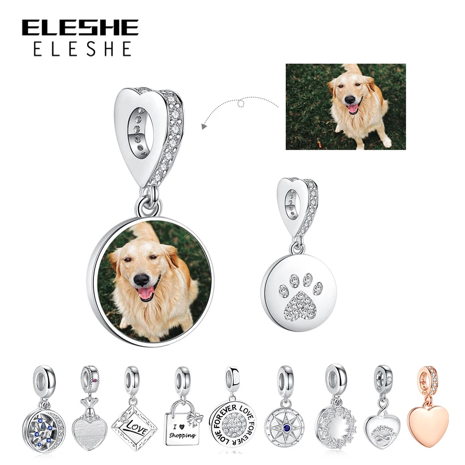 

ELESHE Custom Photo Bead 925 Sterling Silver Pet Cat Dog Round Dangle Charm Fit Original Bracelet DIY Personalized Jewelry