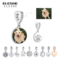 ELESHE-Cuenta de foto personalizada de Plata de Ley 925, abalorio colgante redondo para mascotas, gato y perro, compatible con Pulsera Original, joyería personalizada DIY