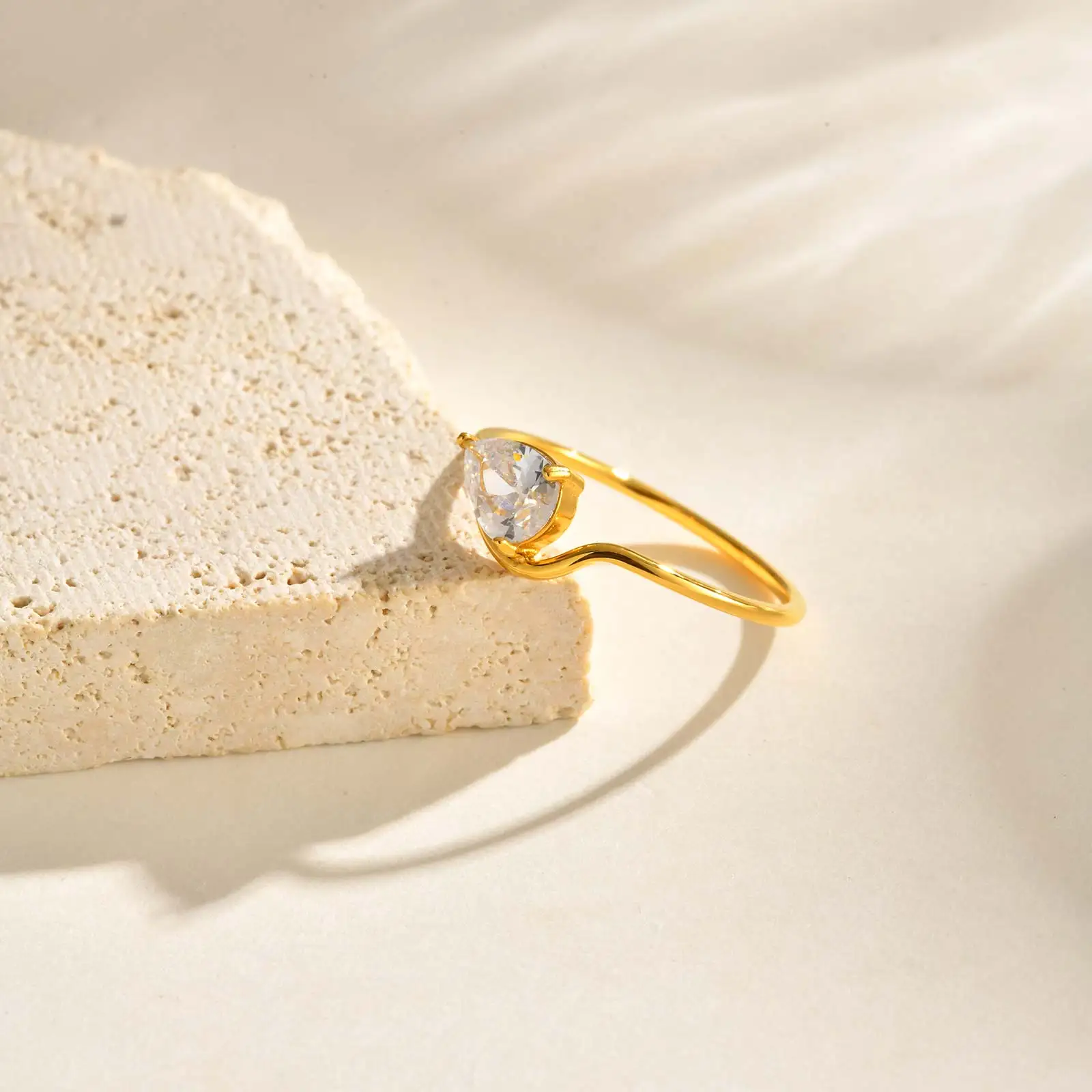Minimalist Water Drop White Zircon Women Ring, Wave Drop Stainless Steel Ring, 18K Gold Plated Waterproof Luxury Jewelry